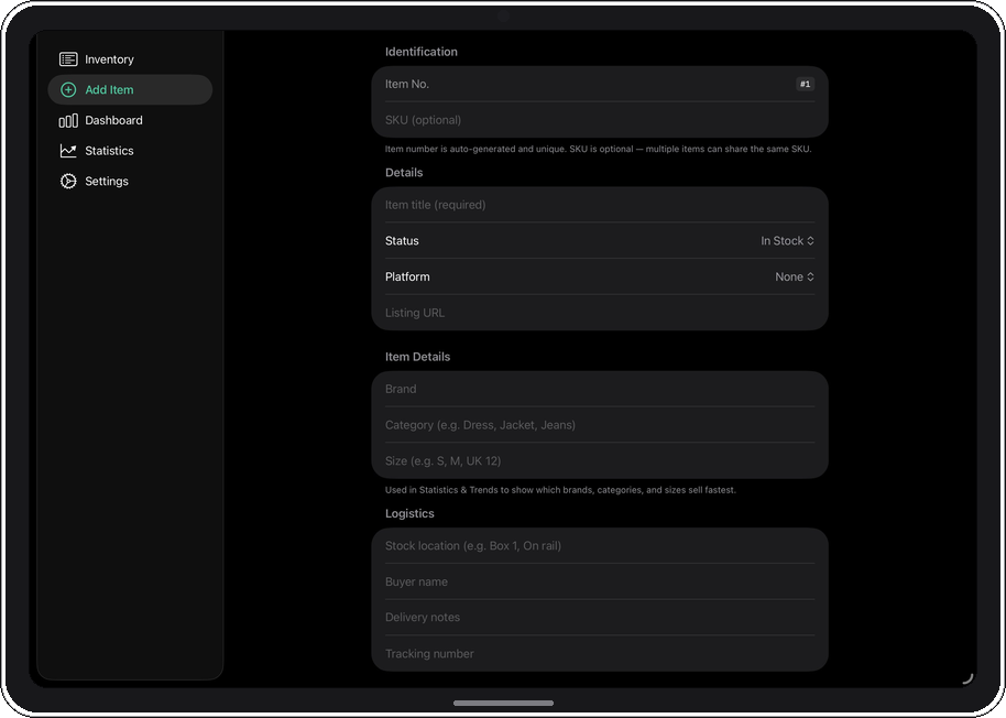 iPad Add Item dark mode